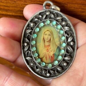 Vintage Silver Madonna Mary Pendant with Light Blue Sapphire Crystals